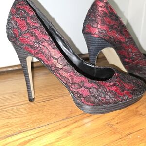 Size 7 heel - red with black lace overlay